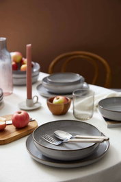 Hermia MOD12Y1730955 Juego de Cena de Porcelana Gris 12 Piezas, Platos 24cm, Platos 20cm, Cuencos 15cm